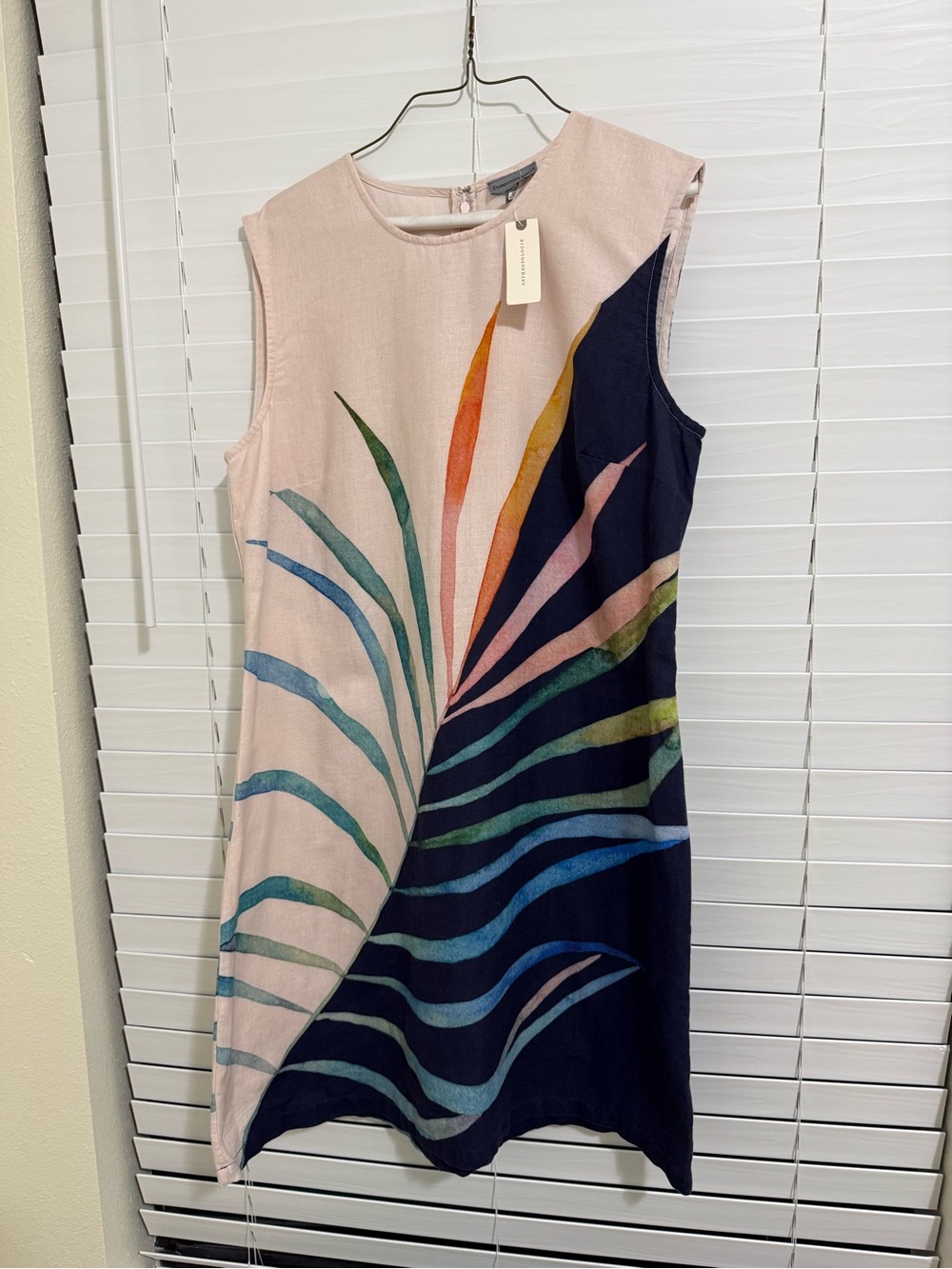 Anthropologie Palm-Print Colorblock Shift Dress - Blush & Navy